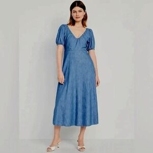 Puff Sleeve Blue Chambray Midi Dress Old Navy Milkmaid Size 2 X Pockets Boho